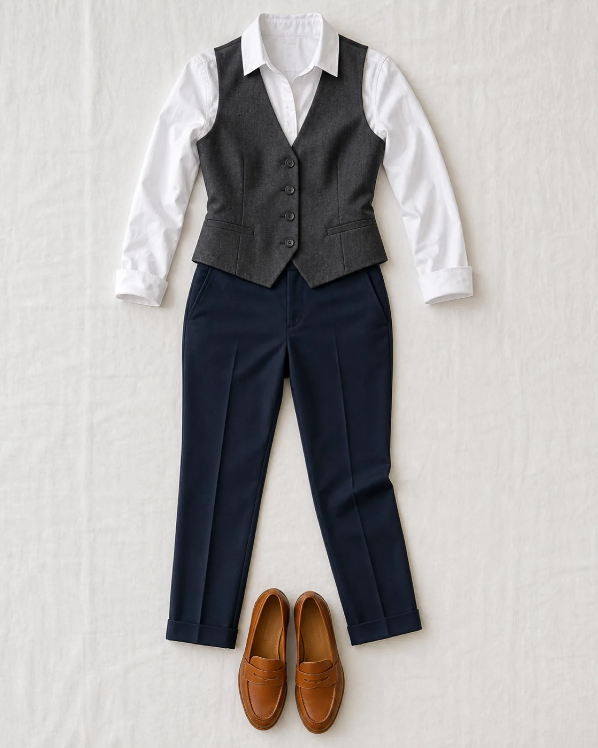 A flat-lay of a three-layer outfit on warm-white linen: a white cotton shirt with a charcoal structured vest placed on top showing collar and cuffs extending beyond, slim navy trousers below, and cognac leather loafers at the bottom