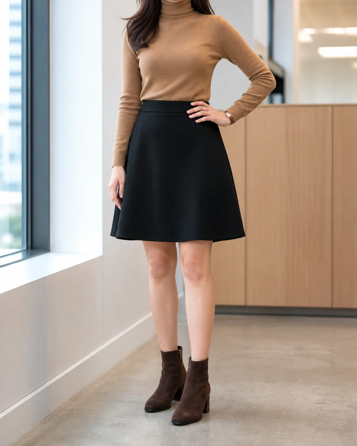 A petite woman standing full-length near a window with one hand on her hip wearing a black A-line skirt above the knee, a fitted camel turtleneck tucked in, and dark brown suede ankle boots