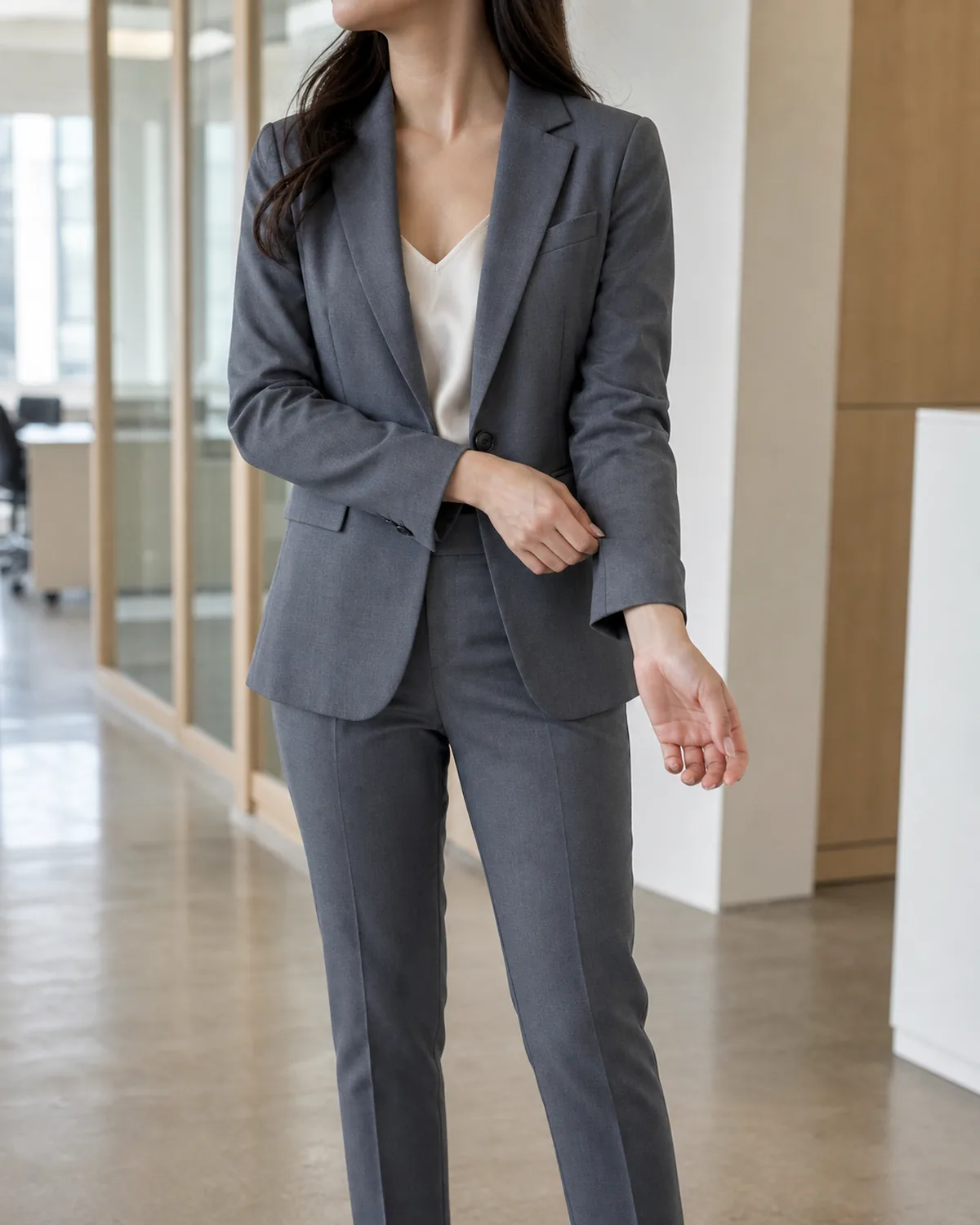 A petite woman in a slate-grey slim-fit suit with matching blazer and slim trousers over a cream silk camisole, adjusting her blazer cuff in an office near a window