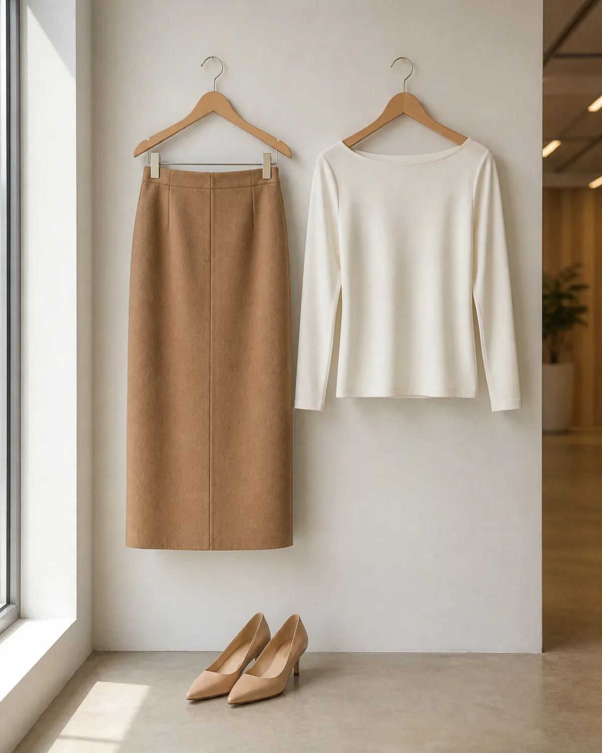 A camel straight midi skirt and a white boat-neck top hanging on separate wooden hangers against a warm-white wall with nude kitten heels placed on the floor below