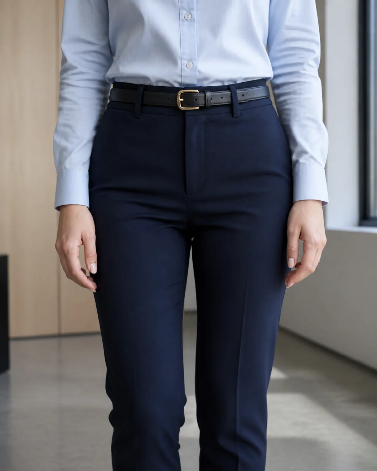 Close crop on the waist area of a petite woman showing navy tapered trousers with a slim leather belt, a pale blue button-down shirt tucked in, and the trouser tapering toward the thigh