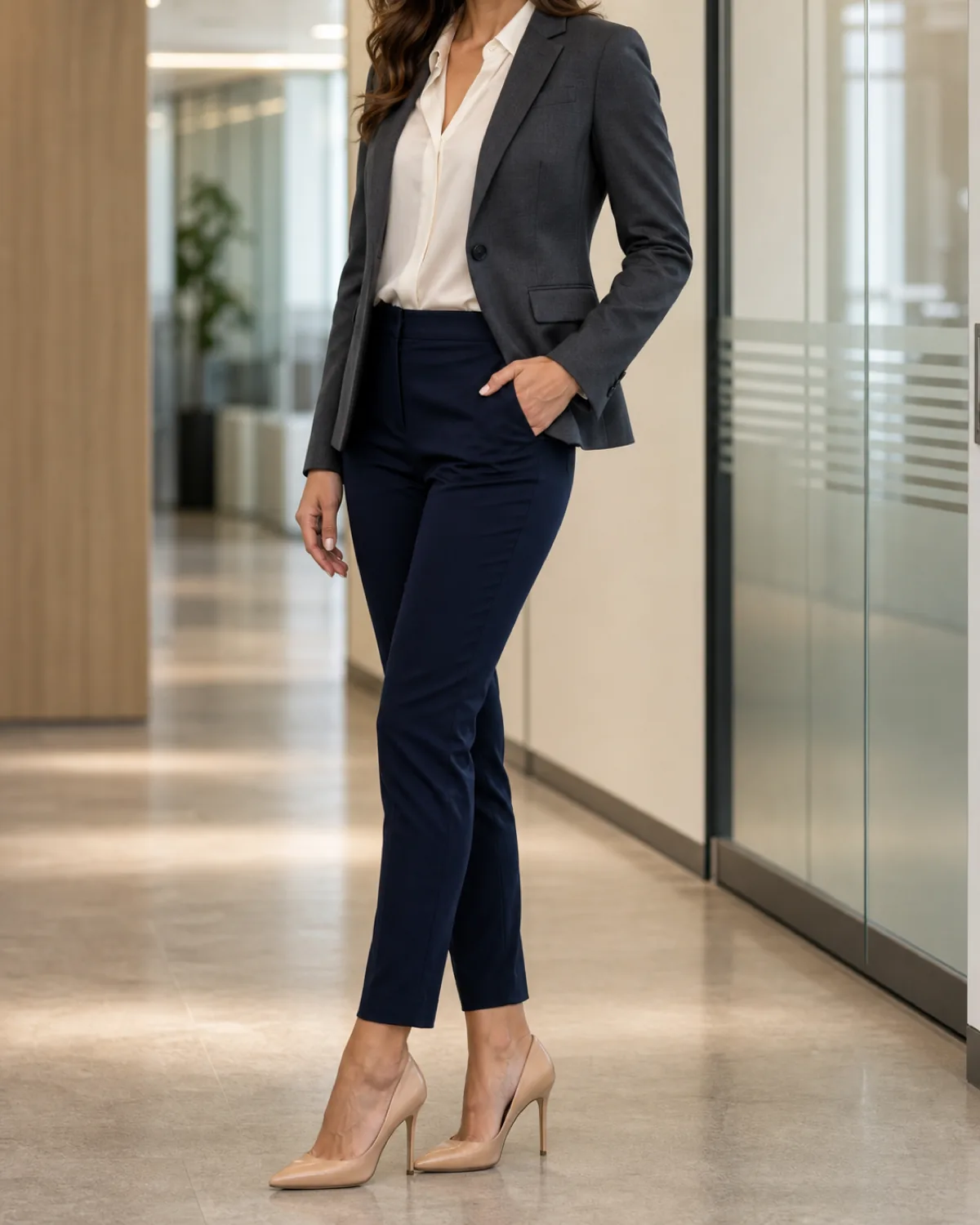 A woman in a charcoal blazer, cream silk-finish blouse and navy ankle trousers standing in a three-quarter turn in a modern office corridor