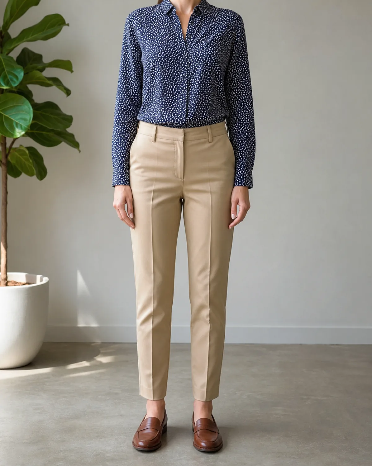 A woman in tan tailored chinos and a navy-and-white small-print blouse standing straight-on with arms at sides, brown loafers, a potted plant behind her