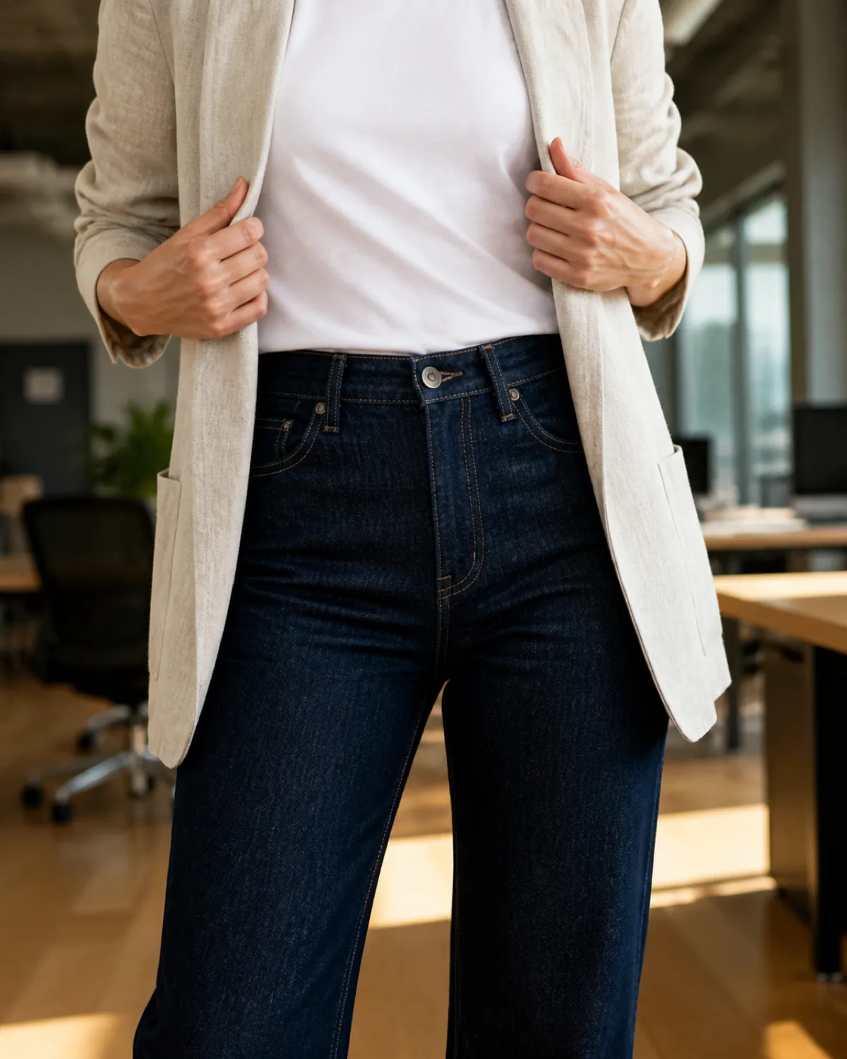 Close crop on the waist area showing dark indigo jeans with a tucked white tee and an oatmeal linen blazer open over it, hands adjusting the blazer lapels