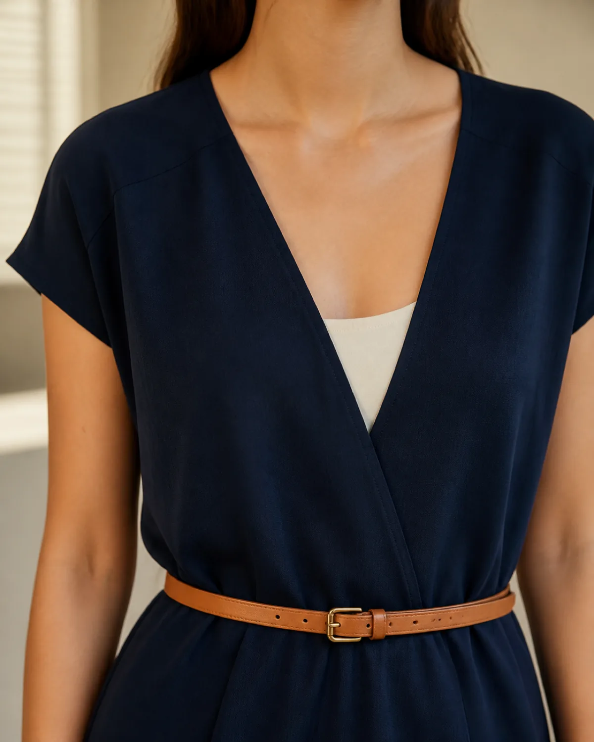 Close crop on the shoulder and neckline of a navy V-neck jumpsuit with a thin cognac leather belt, showing a camisole layer visible at the V-neckline