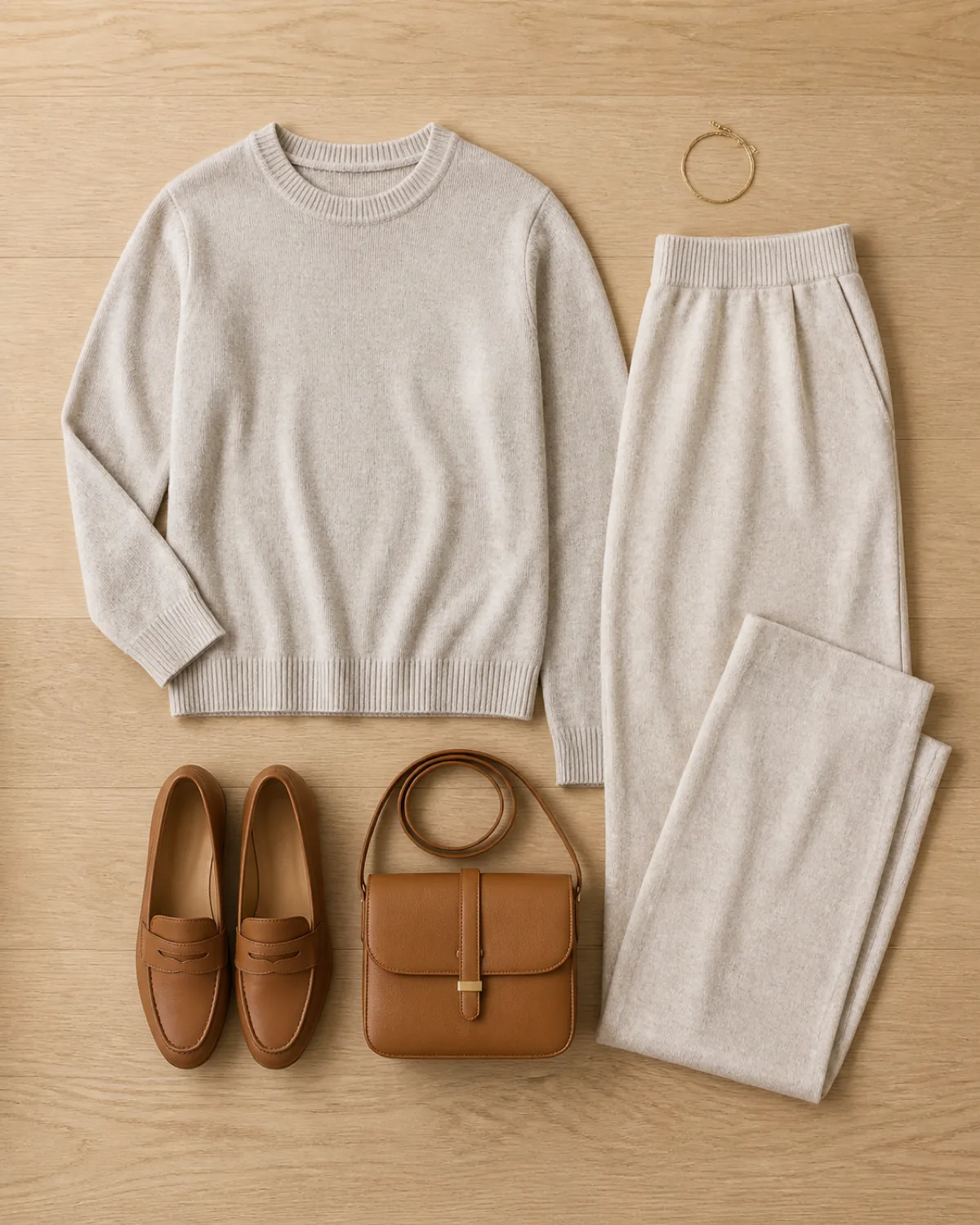 Flat-lay of an oatmeal crewneck knit top and matching wide-leg knit trousers laid out on a light-oak surface with camel loafers, a tan crossbody bag and a gold bracelet