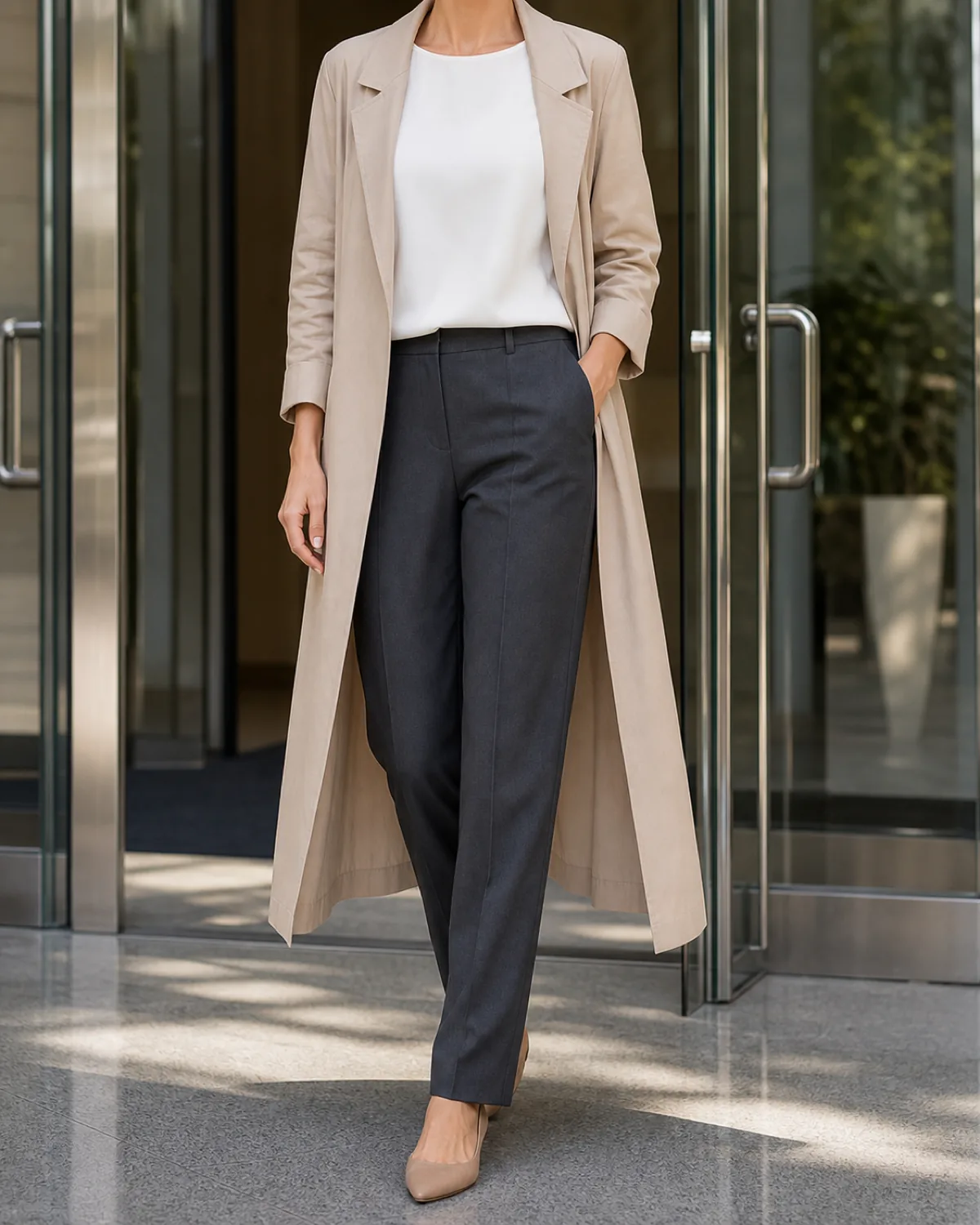 A woman in charcoal trousers, a white sleeveless shell and a sand-coloured lightweight duster coat standing near a lobby entrance with glass doors