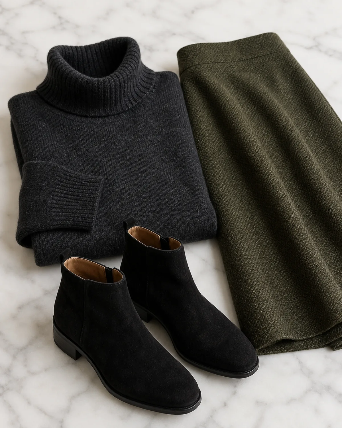 Flat-lay of a charcoal merino turtleneck, a dark-olive woven A-line skirt and black suede ankle boots arranged on a white marble surface