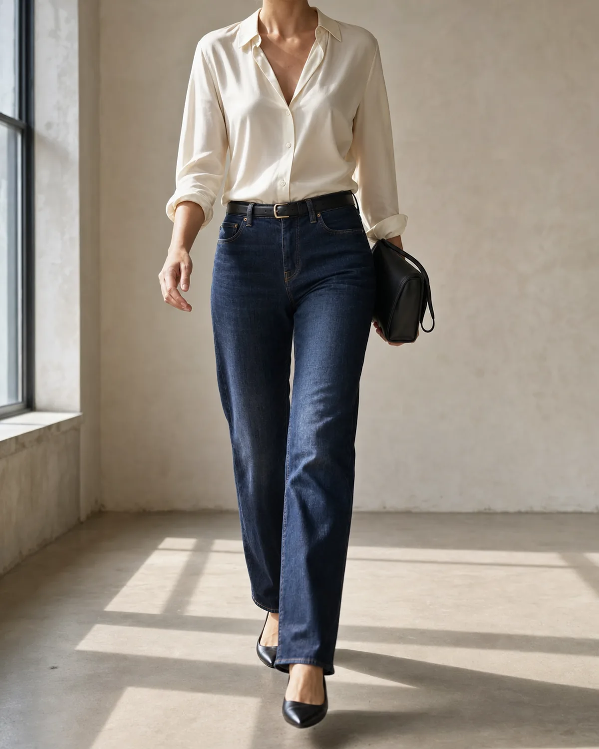 A woman walking mid-stride in dark indigo jeans with a tucked ivory silk blouse, a dark leather belt, black pointed-toe flats and a black leather clutch