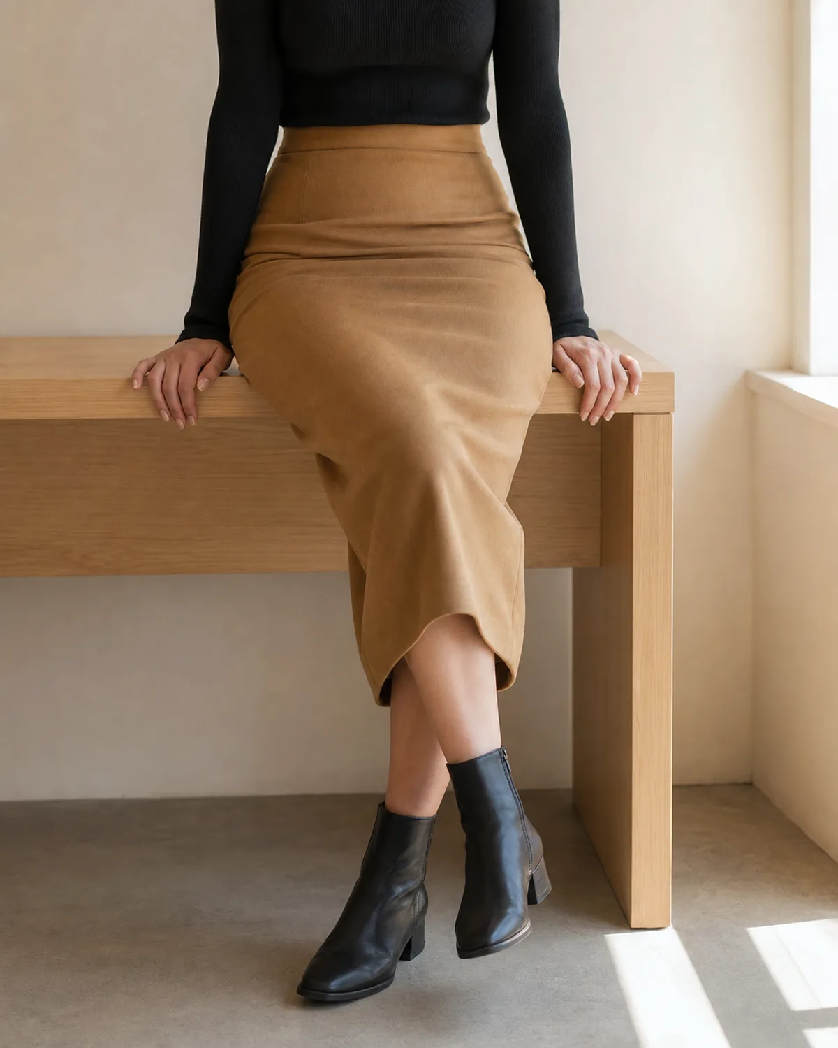 A woman seated at a wooden bench edge in a black fine-gauge turtleneck and a camel midi pencil skirt with black leather ankle boots