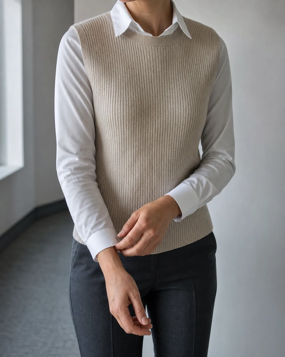 A woman adjusting her shirt cuff beneath an oatmeal ribbed sweater vest, white button-down collar visible above the vest neckline, dark charcoal trousers