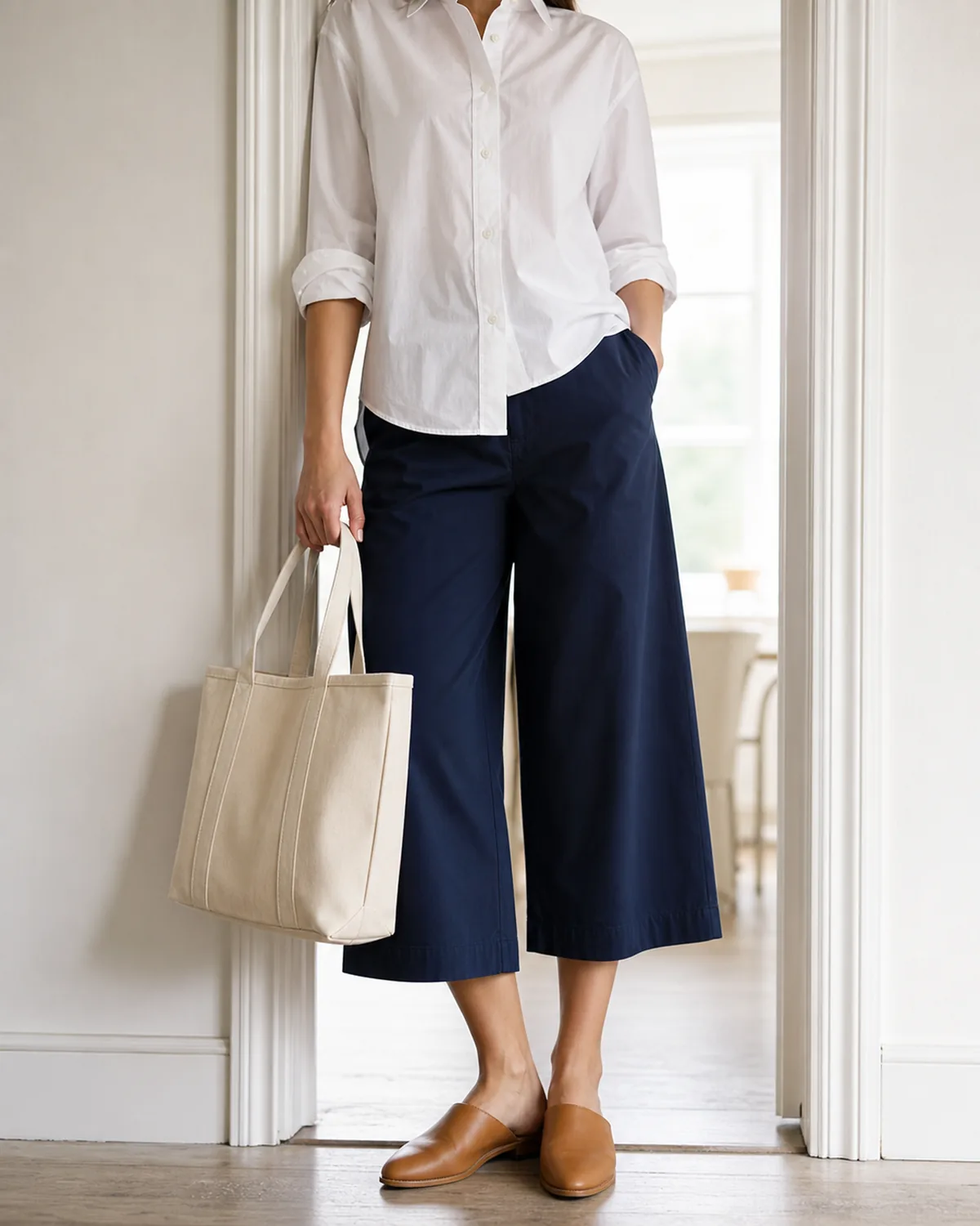 A woman standing in a bright doorway in wide-leg navy culottes with a white poplin button-down shirt with rolled sleeves, tan leather mules and a canvas tote