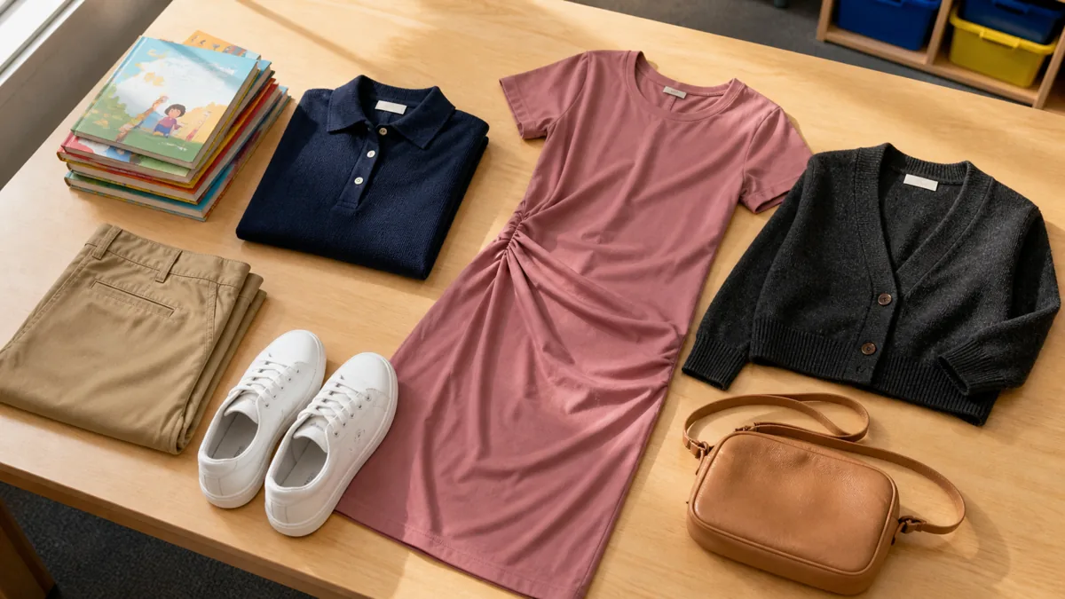 Flat-lay of elementary teacher wardrobe essentials on a light maple desk: folded khaki chinos, a navy knit polo, a charcoal cardigan, a dusty-rose dress, white sneakers, a tan crossbody bag, and a stack of children's picture books