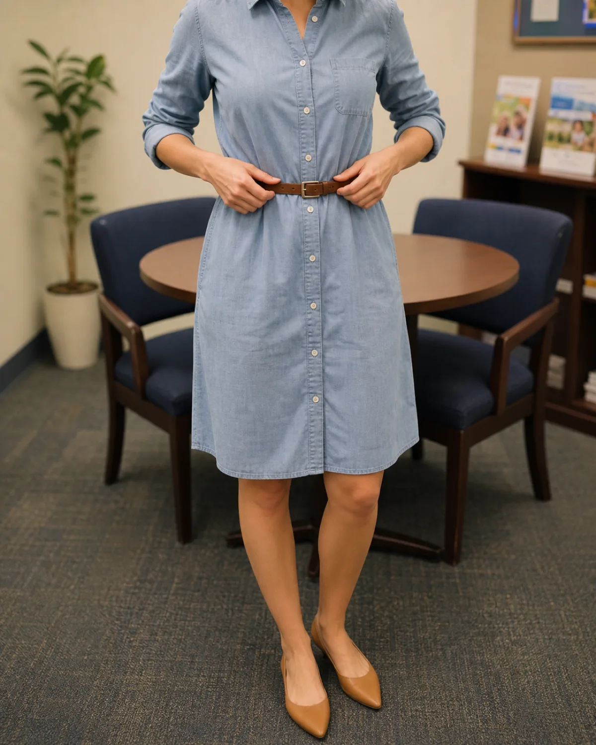 A woman in an elementary school conference room adjusting a slim leather belt at the waist of a light chambray button-down shirt dress, tan pointed-toe flats, a small round table with navy chairs and a potted plant behind her