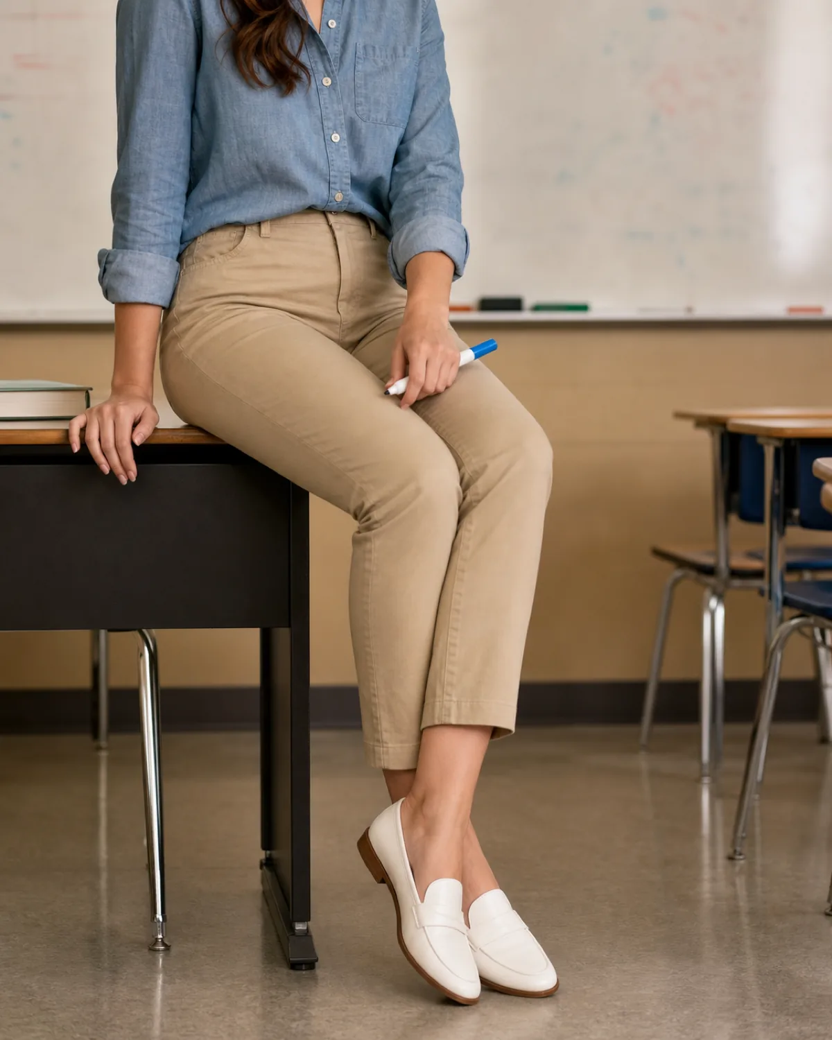 A woman seated at the edge of a desk in a high school classroom with a chambray button-down half-tucked into khaki chinos, holding a dry-erase marker, white loafers, whiteboard behind her