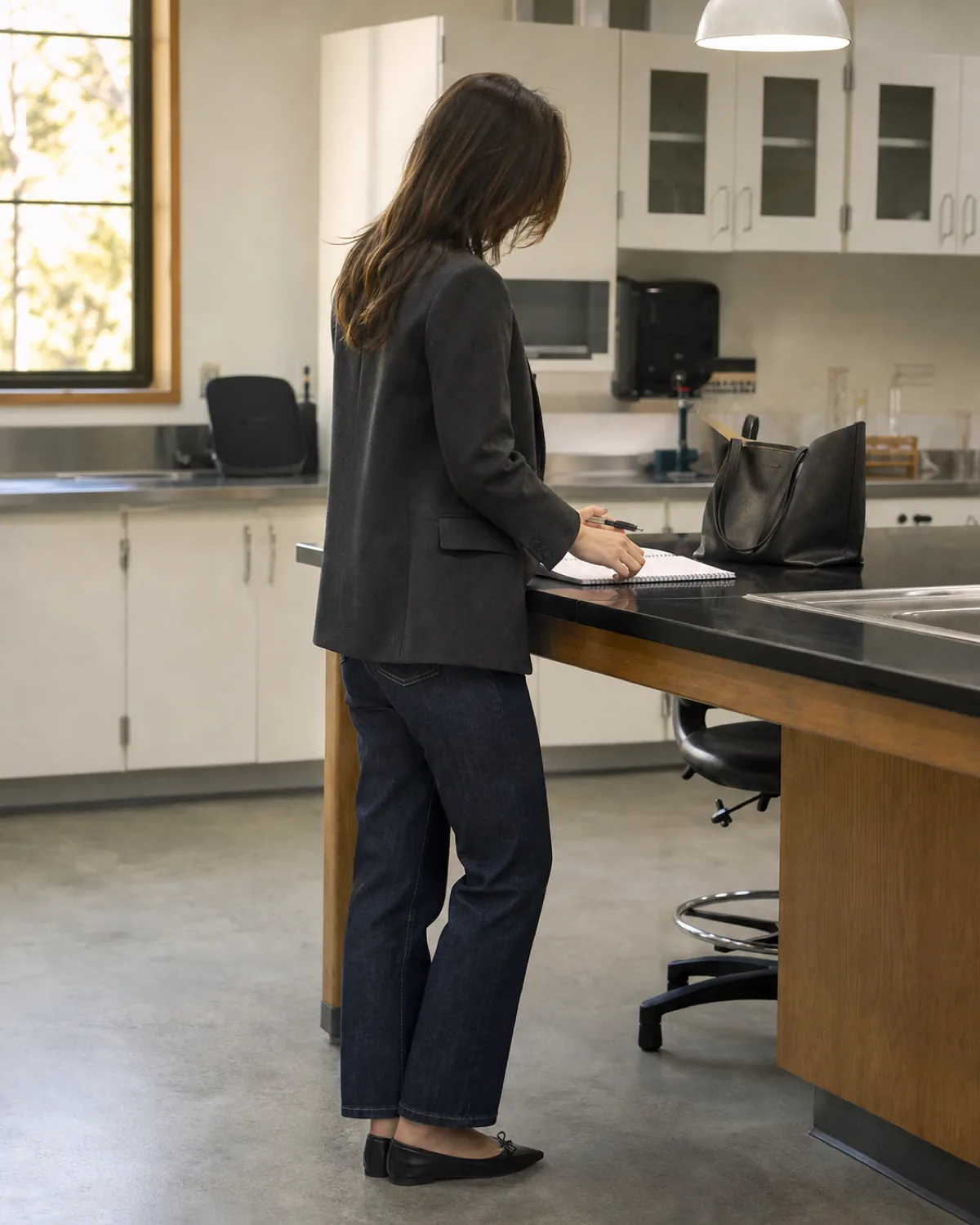 A woman seen from a back-three-quarter angle in a high school science lab, wearing a charcoal structured blazer over a white tee, dark indigo straight-leg jeans and black pointed-toe ballet flats, looking down at a notebook on the counter