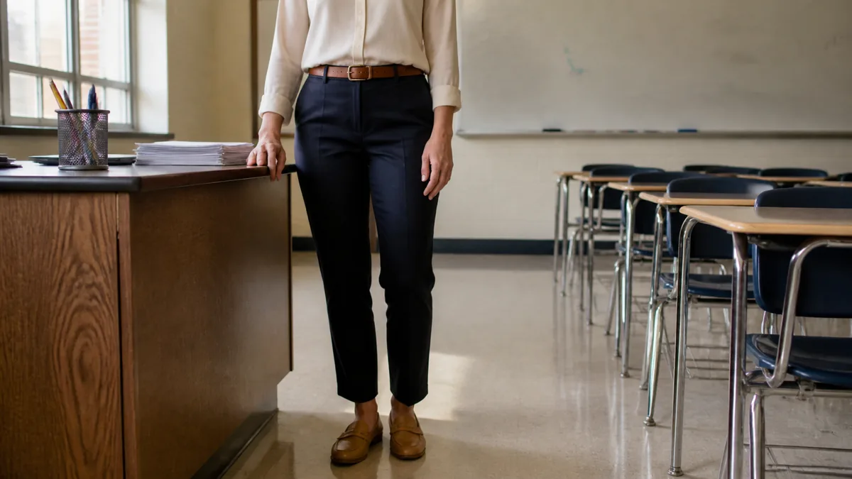 A woman standing at a high school teacher's desk in an ivory blouse tucked into navy trousers with a cognac belt and tan loafers, whiteboard and student desks in the background