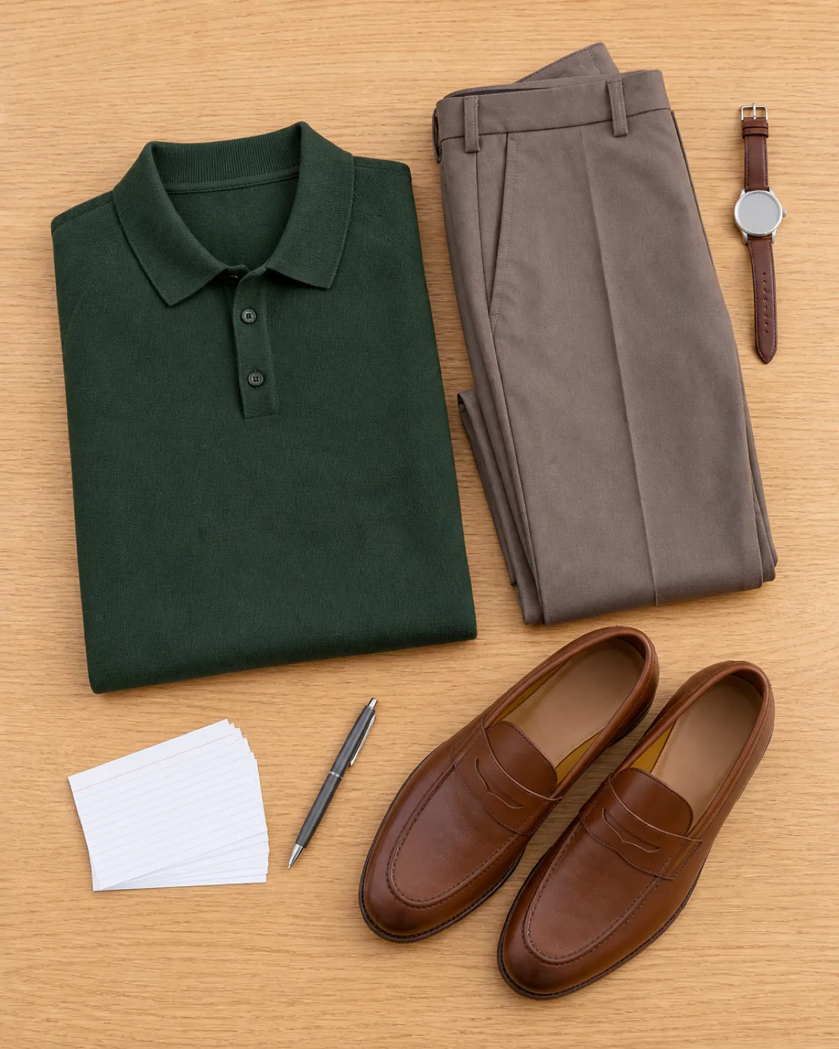 Overhead flat-lay on a light oak desk of a dark green structured knit polo, taupe trousers, cognac loafers, a brown leather watch, a ballpoint pen and a small stack of index cards