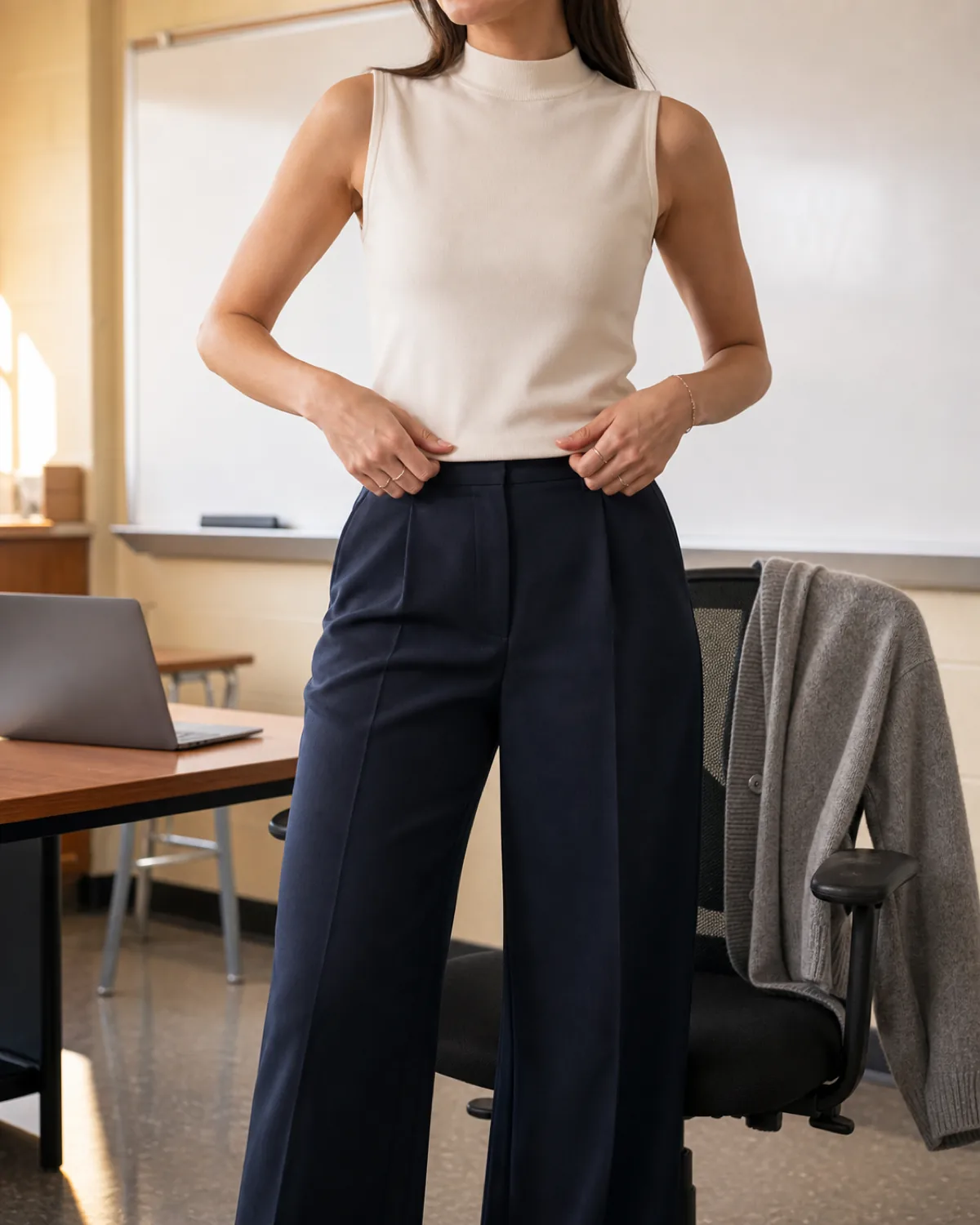 A woman in a mid-torso crop in a high school classroom, adjusting the hem of a cream sleeveless mock-neck shell tucked into navy wide-leg trousers, grey cardigan draped on a rolling chair behind her
