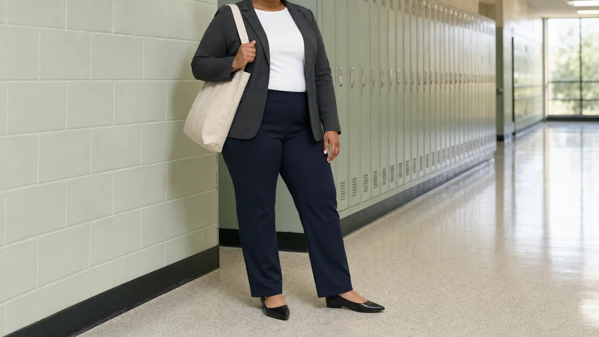 A plus-size woman standing in a school hallway beside lockers, wearing a charcoal blazer over a white top with navy straight-leg trousers and black pointed flats, carrying a canvas tote