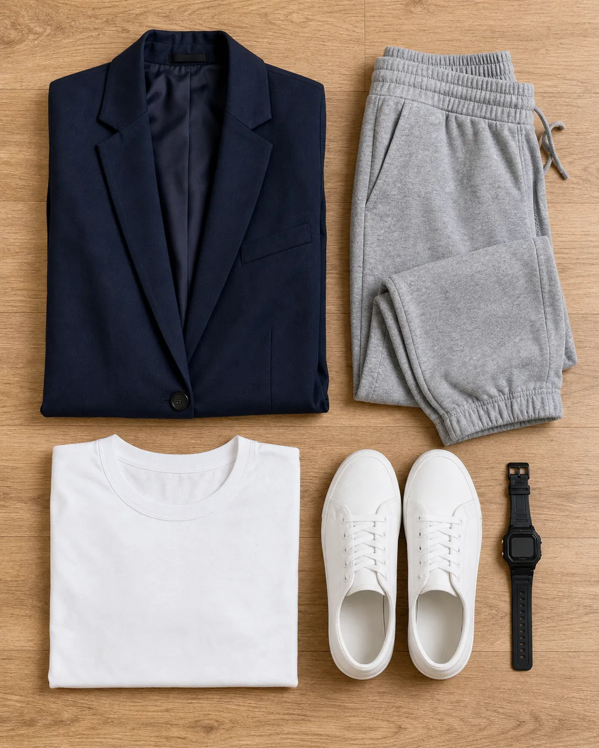 Overhead flat-lay of a PE day teaching outfit on a light oak surface: a folded navy structured blazer, heather-grey tapered joggers, a white crew-neck t-shirt, white canvas sneakers and a black digital watch