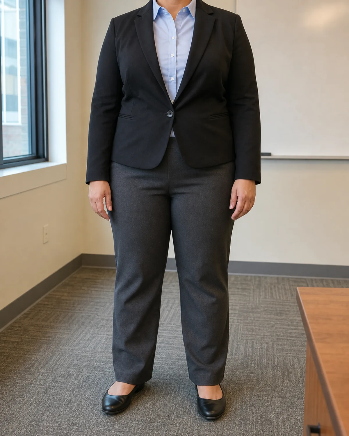 A plus-size woman standing straight-on in a classroom wearing a black ponte blazer over a light blue oxford shirt and charcoal straight-leg trousers with black ballet flats