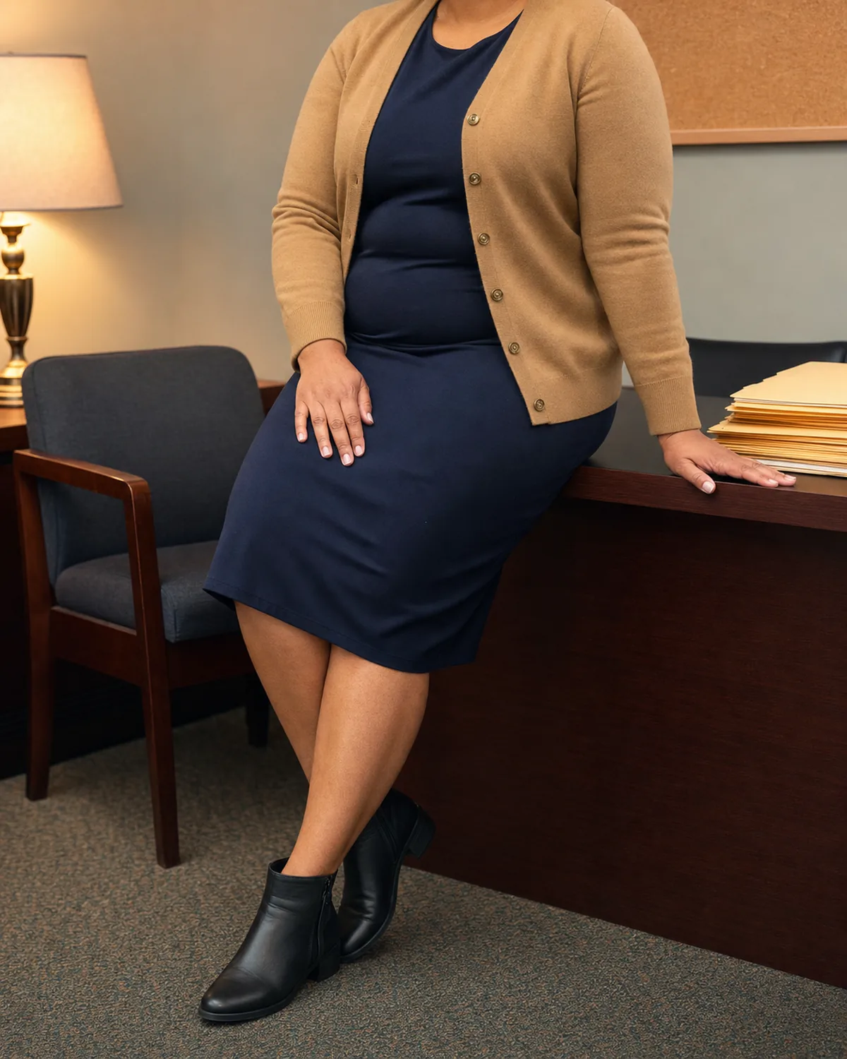 A plus-size woman seated at a desk edge in an office, wearing a camel button-front cardigan with set-in shoulders over a dark navy jersey sheath dress, with black ankle boots and manila folders beside her