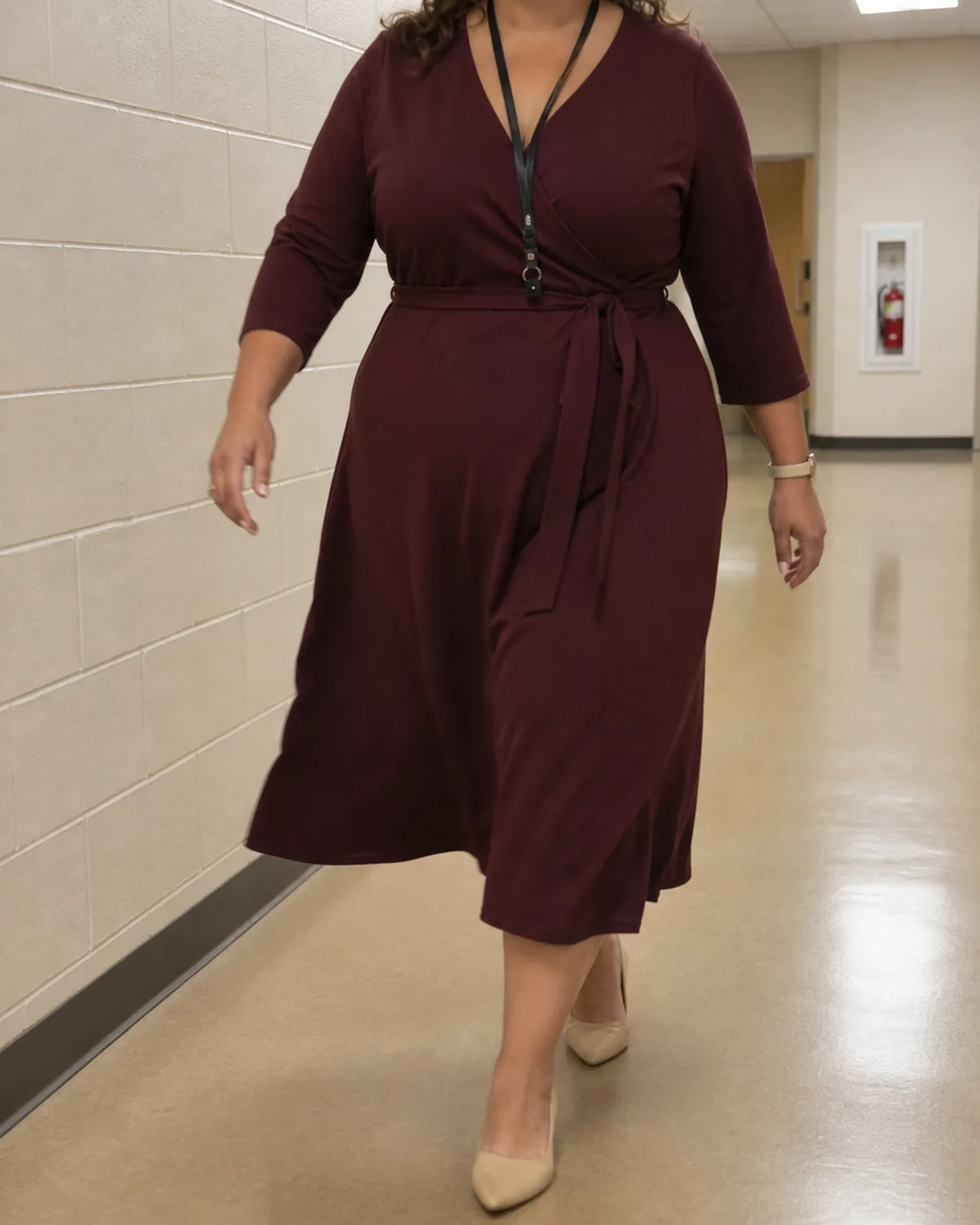 A plus-size woman walking mid-stride in a school corridor wearing a dark burgundy ponte wrap dress with a self-fabric belt, a lanyard, and nude pointed shoes