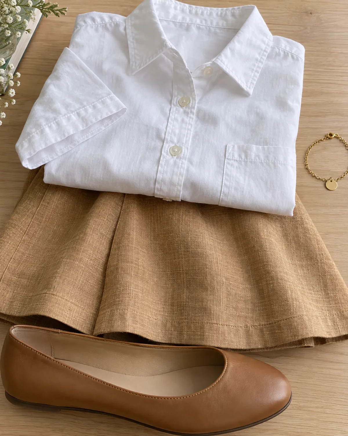 Stacked detail macro on a light wood surface: a folded white cotton short-sleeve button-down on top, a section of camel cotton-linen A-line midi skirt fabric draped in the middle, and the toe of a tan leather ballet flat at the bottom, with a gold bracelet to one side