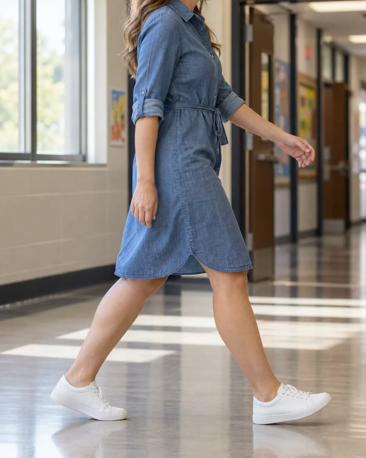 Side-profile view of a woman walking down a school hallway wearing a medium-blue chambray shirt dress with rolled sleeves, a waist tie and white low-top sneakers, hallway windows on one side