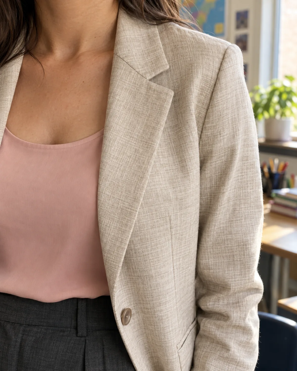 Close crop on the shoulder and lapel area showing a beige linen blazer over a blush pink sleeveless shell, the linen weave texture clearly visible, classroom daylight from the right