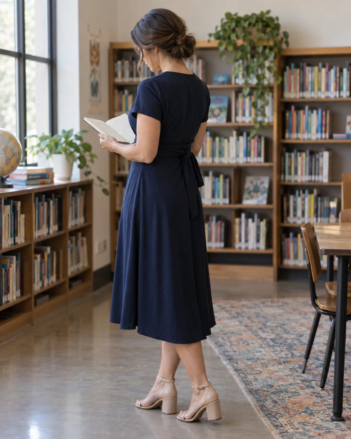 Back-three-quarter view of a woman in a school library reading a book, wearing a deep navy midi wrap dress and nude block-heel ankle-strap sandals, bookshelves behind her