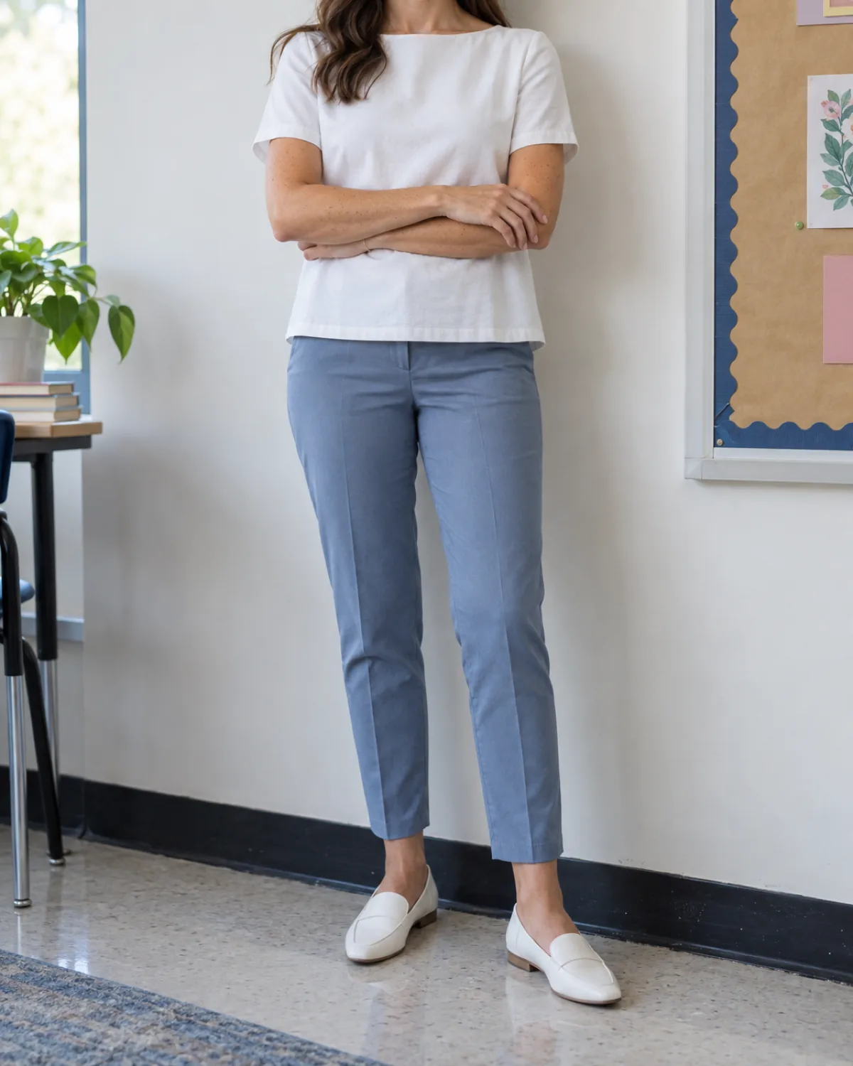 A woman standing against a white classroom wall with arms loosely crossed, wearing dusty blue tapered ankle pants with a white boxy short-sleeve blouse and white slip-on loafers, a bulletin board visible to one side