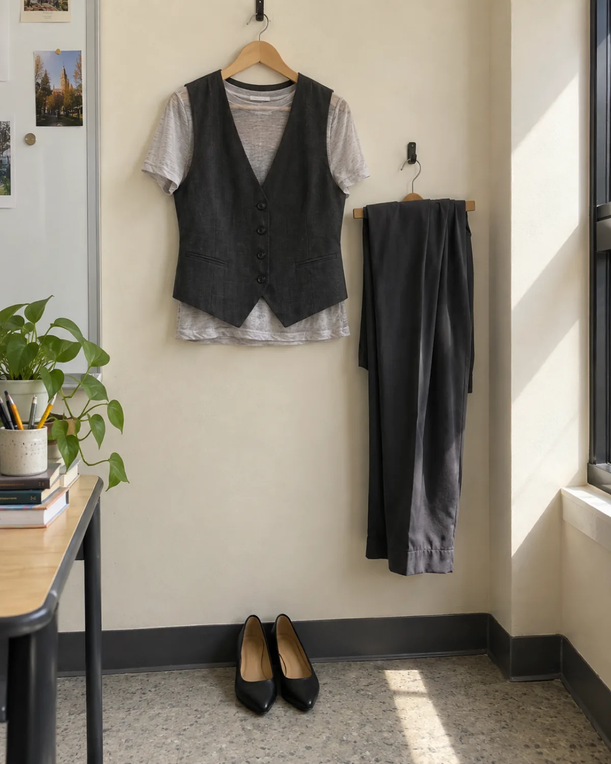 A complete teacher outfit hanging on wooden hangers against a cream classroom wall: a charcoal cotton vest layered over a light grey tissue-weight knit tee, charcoal Tencel trousers on a second hanger, and black leather pointed-toe flats on the floor below