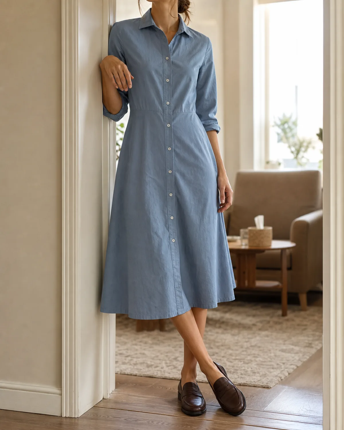 A woman leaning one shoulder against a plain doorframe wearing a stone-blue cotton shirt dress with a point collar and button-front placket, with dark brown penny loafers, a therapy room visible behind her