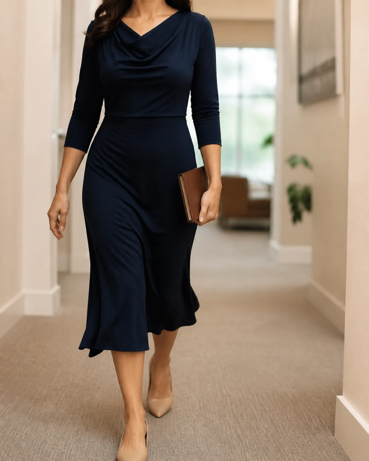A woman walking mid-stride down a softly lit hallway in a navy ponte midi dress with a cowl neckline, carrying a leather notebook, wearing pointed-toe shoes