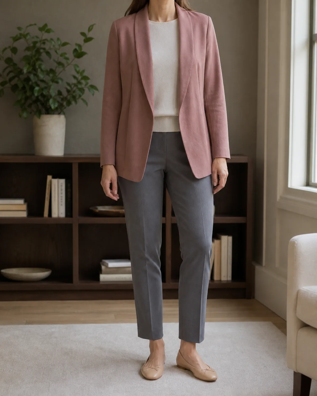 A woman standing straight-on in a dusty-rose soft blazer over an off-white knit crewneck and slate-grey ankle trousers with nude ballet flats, in front of a low bookshelf with a potted plant