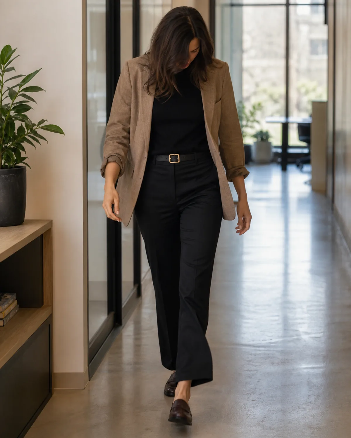 A woman walking mid-stride in a bright office hallway wearing a camel blazer over a black knit and black trousers with dark brown leather loafers