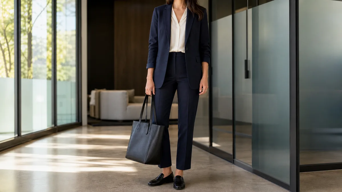 A woman standing in a modern office lobby in a navy blazer, ivory blouse, navy trousers and black penny loafers, holding a dark leather tote bag