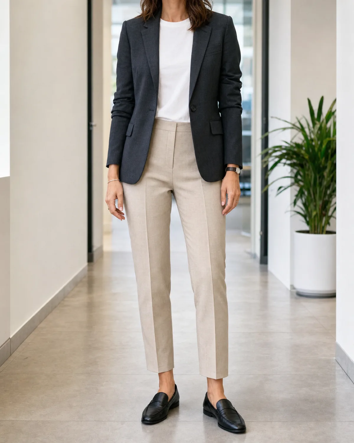 A woman standing straight-on in a charcoal single-button blazer over a white crew-neck tee, oatmeal ankle trousers with a pressed crease, and black leather loafers, in a bright office corridor with a potted plant to the side