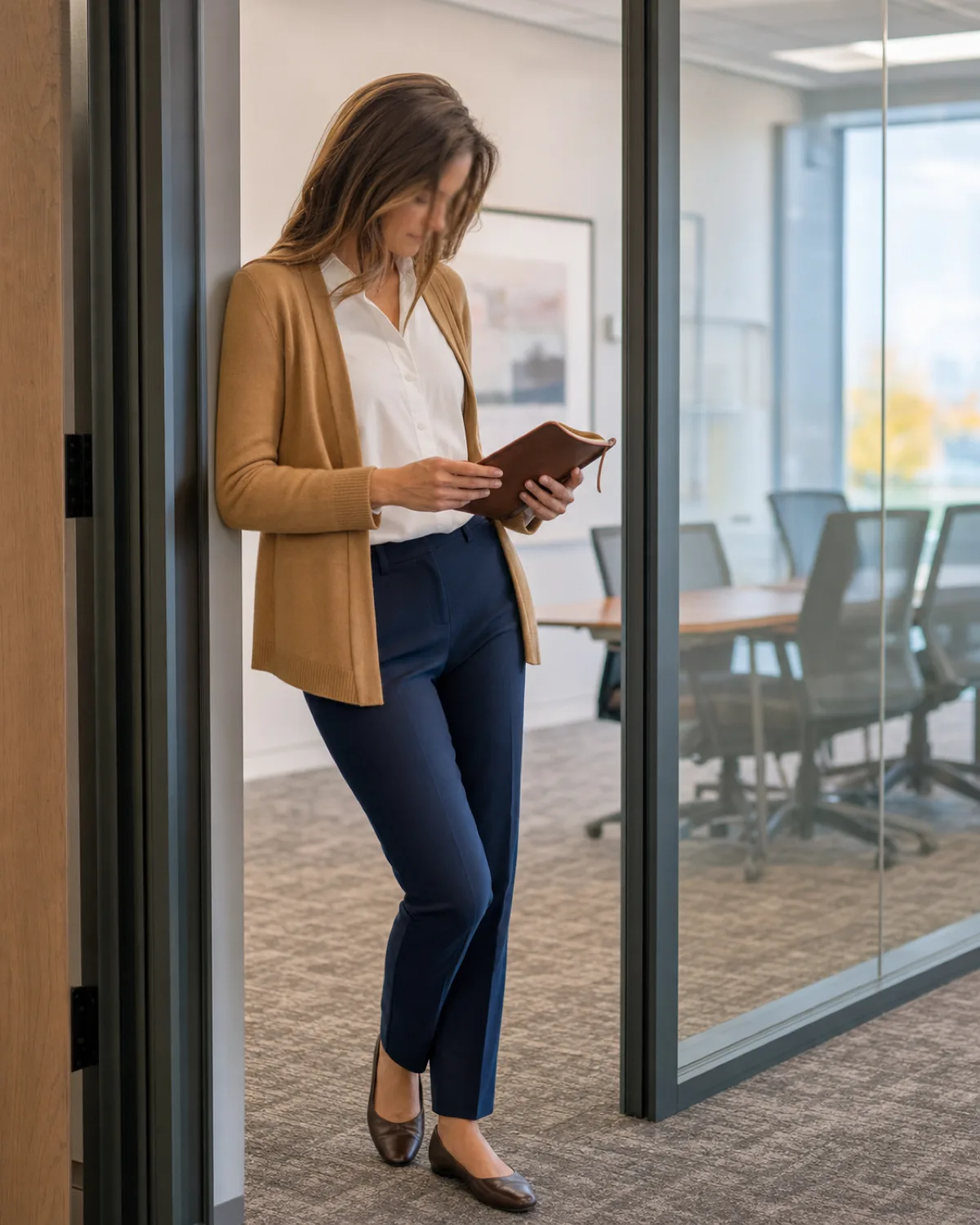A woman standing in a glass meeting room doorway, one shoulder leaning against the frame, looking down at a leather notebook she is holding, wearing a camel open-front cardigan over a white poplin blouse tucked into navy straight-leg trousers and dark brown leather ballet flats
