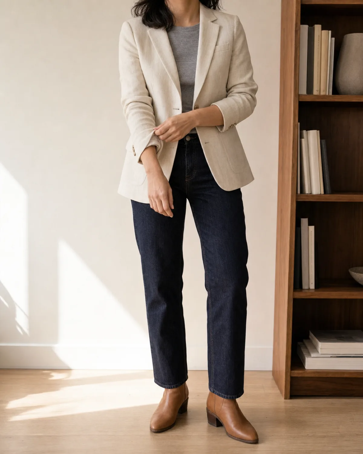 A woman standing in a mid-torso crop from chin to just below the knee, adjusting a cuff on her cream linen blazer over a grey crew-neck tee and dark indigo straight-leg jeans, with tan leather ankle boots, in front of a white wall and wooden bookshelf