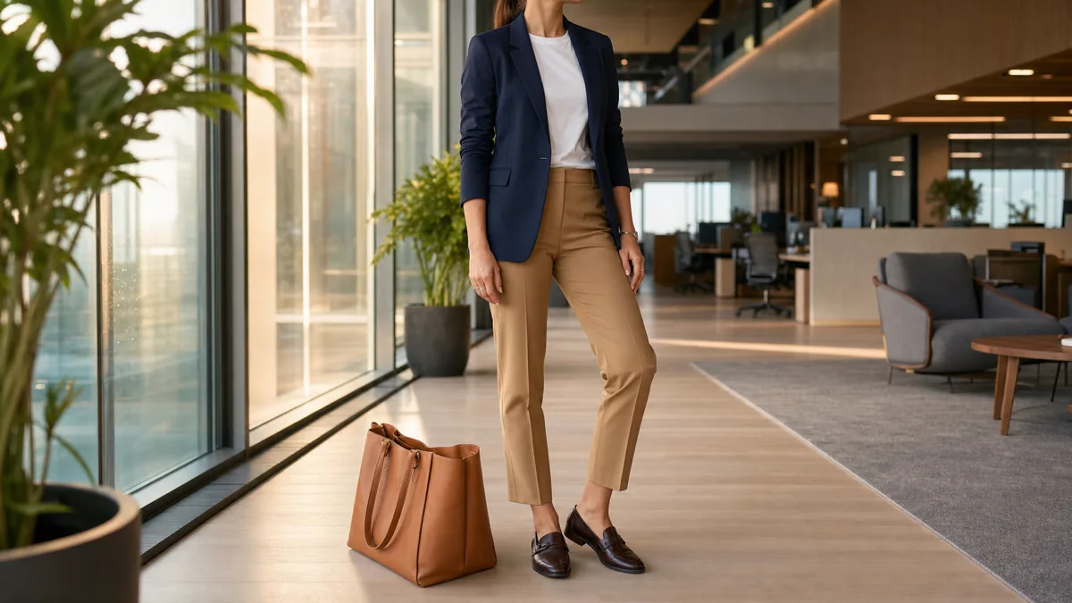 A woman in a navy blazer, white crew-neck tee and camel ankle trousers standing in a modern open-plan office lobby with glass windows and warm morning light