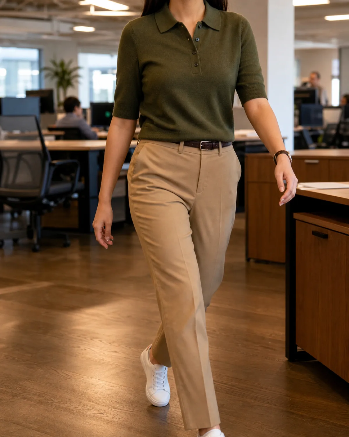 A woman walking mid-stride through an open-plan office with warm wood desks, wearing an olive fine-gauge knit polo tucked into pressed tan chinos with a dark leather belt, and white minimal leather sneakers