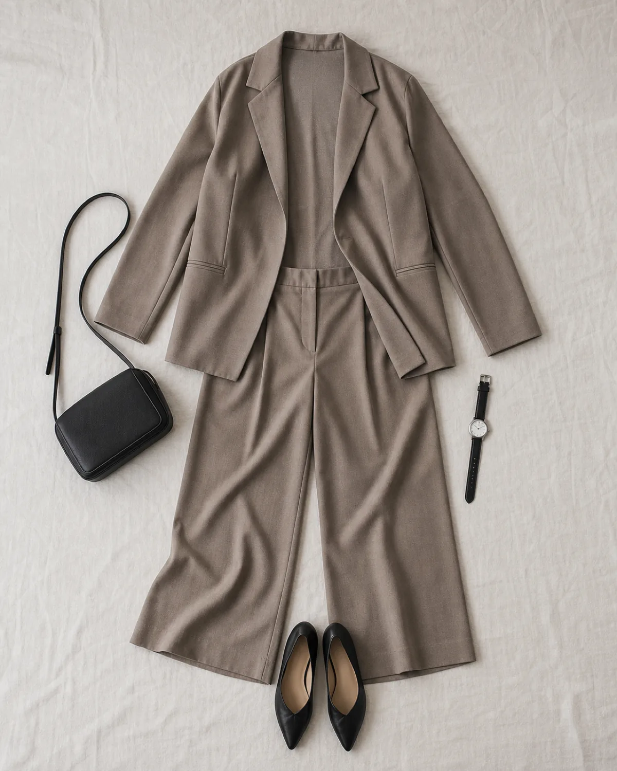 Overhead flat-lay on off-white linen of a taupe structured-fabric matching set with a relaxed blazer-style top and wide-leg cropped trousers, black pointed-toe leather flats at the trouser hem, a small black leather crossbody bag, and a black leather watch with a plain white face
