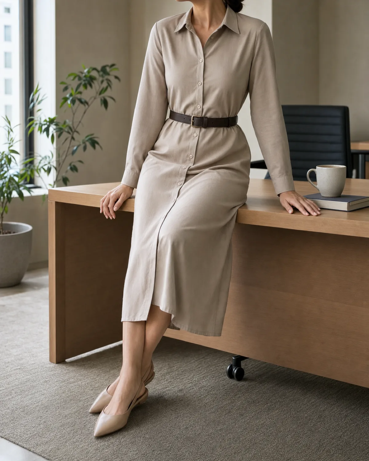 A woman seated at the edge of a light wood desk in a stone-coloured midi button-through shirtdress with a dark leather belt at the waist and nude pointed-toe flats, with a ceramic mug and notebook on the desk beside her