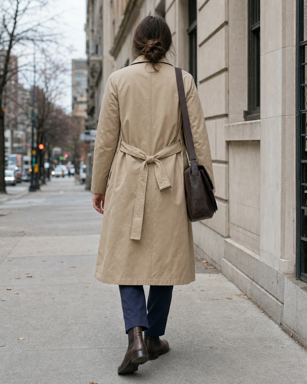 A woman walking away down a city sidewalk, shot from behind, wearing a knee-length sand-coloured cotton trench coat with a self-fabric belt tied at the back, navy trousers visible below the coat hem, brown Chelsea boots, and a brown leather messenger bag on one shoulder