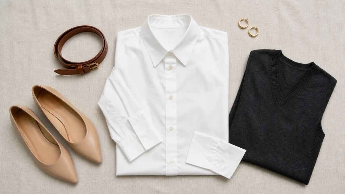 A flat-lay of a crisp white cotton button-down shirt with a cognac belt, gold hoop earrings, tan pointed-toe pumps, and a charcoal V-neck knit vest arranged on a pale linen surface