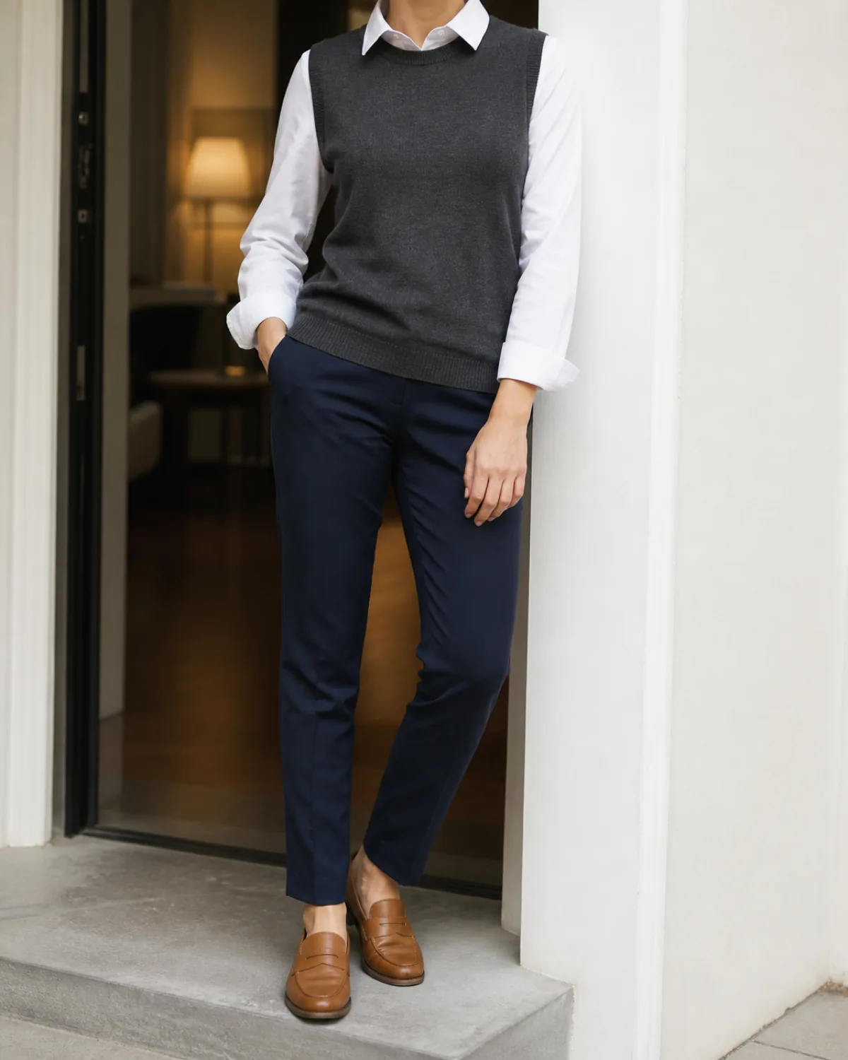 A woman leaning against a doorway column wearing a white button-down shirt under a charcoal knit vest with slim navy trousers and tan penny loafers, collar and cuffs visible past the vest, mid-torso to shoe crop
