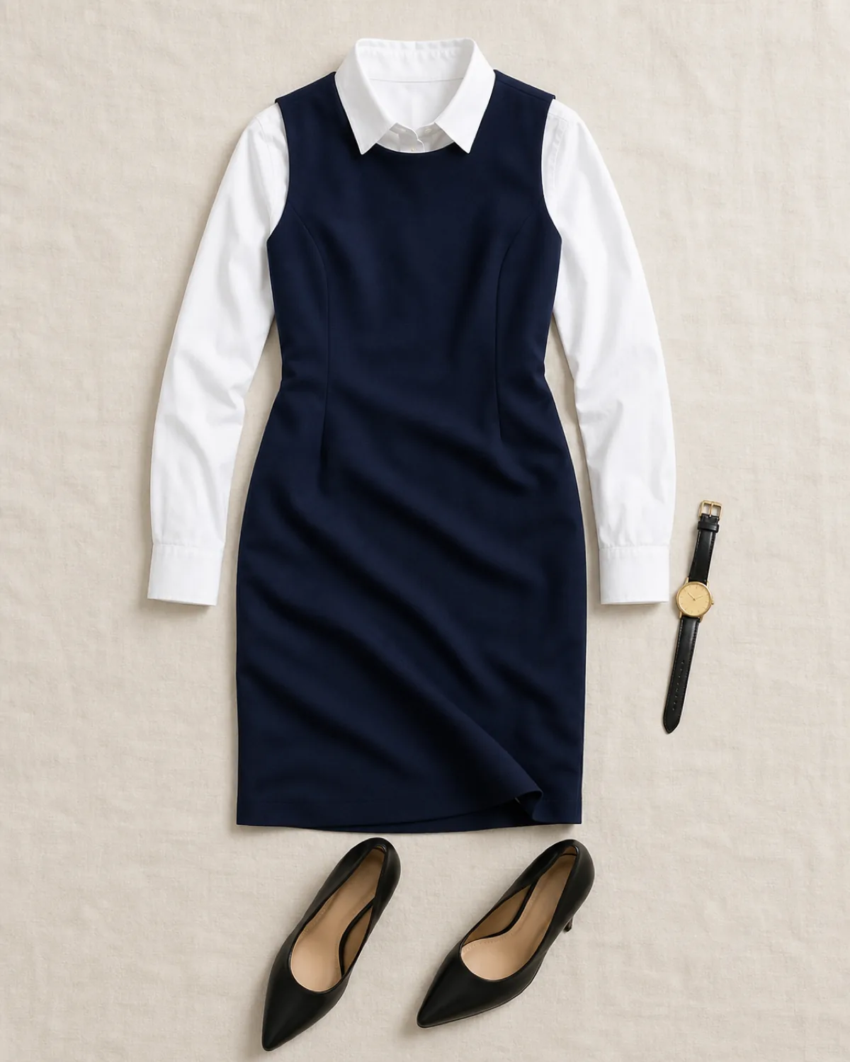 Flat-lay of a dark navy sleeveless sheath dress laid over a white button-down shirt so that the collar points extend above the dress neckline and shirt sleeves extend past the dress armholes, with black pointed-toe pumps and a gold watch on a pale linen surface